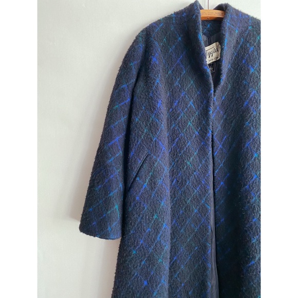 Vintage 50s Tygier Black Plaid Wool Cocoon Swing Full Length Coat L-Xl - Picture 3 of 7